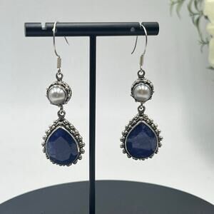 India 925 sterling Faceted Lapis Lazuli White Fresh Water Pearl Cabochon Earring